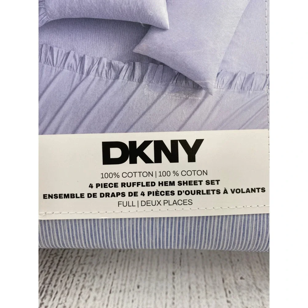 DKNY Sheet Set Full Blue White Pinstripe Ruffled Hem Bedding Chic Preppy Coastal